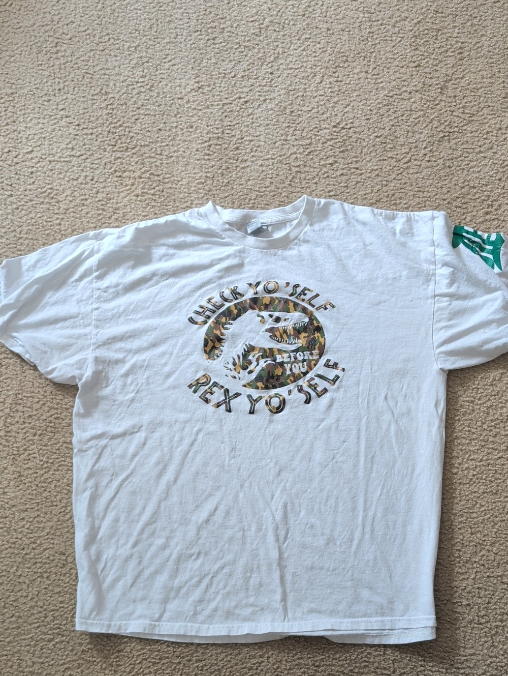 Gildan White T-Shirt with Camo Dinosaur Graphic